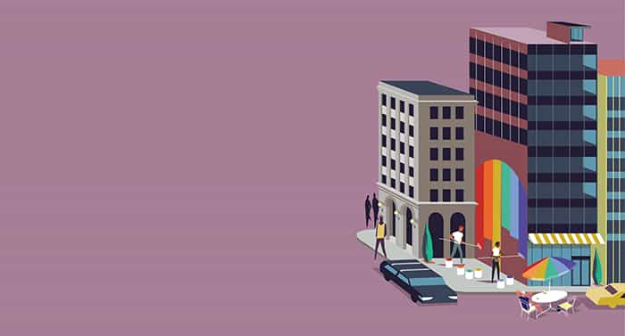 illustration of an urban neighborhood with painters creating a pride mural on the side of a building